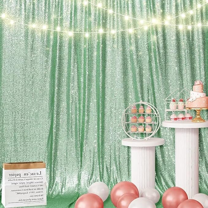 Eternal Beauty Mint Green Sequin Backdrop, 8x10 Ft Glitter Background Curtains - Image 4