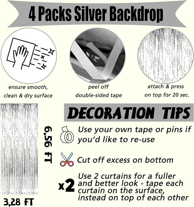 4 Pack Silver Fringe Curtain Backdrop, 3.2Ft x 6.6Ft Metallic Tinsel Foil - Image 2