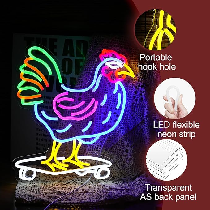 Dimmable Chicken Neon Sign for Wall Decor Funny Skateboarding Rooster LED Neon - Image 3
