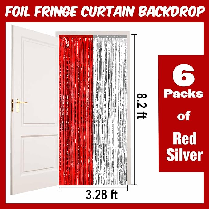 6 Pack Red and Silver Foil Fringe Curtains Backdrop, 3.28 x 8.2 Ft Metallic - Image 2