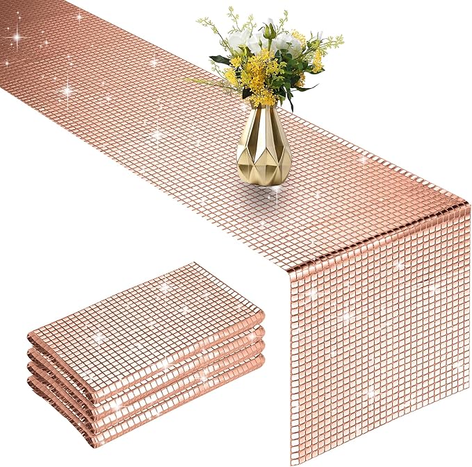 4 Packs Rose Gold Disco Table Runner, 12 x 108 Inches Glitter Silver Party by Vehipa
