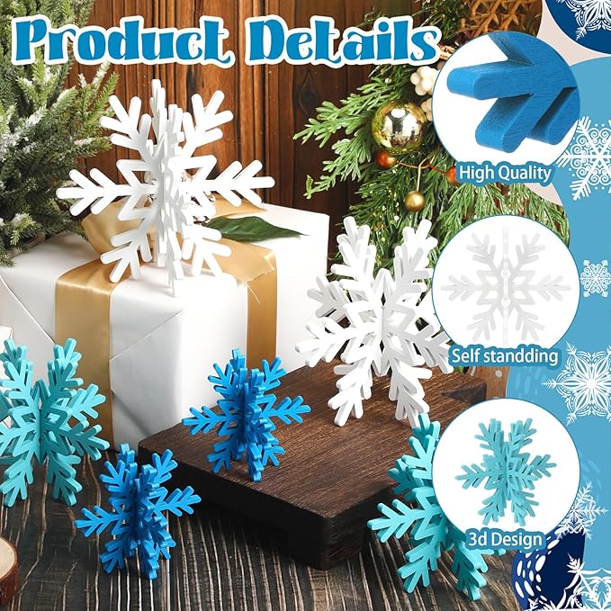 Bucherry 12 Pcs Wooden Snowflake Table Decor 3D Snowflake Tabletop Signs and - Image 4