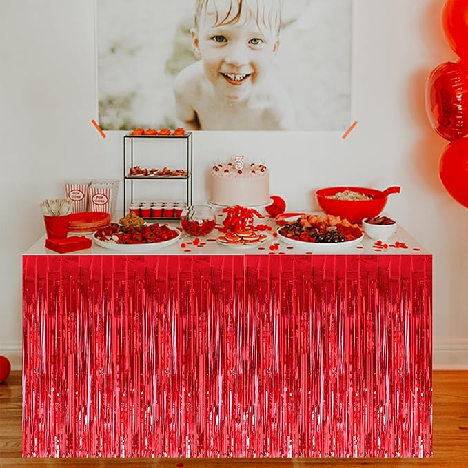 BEISHIDA 2 Pack Red Table Skirts Party Decorations Metallic Tinsel Foil Fringe - Image 5