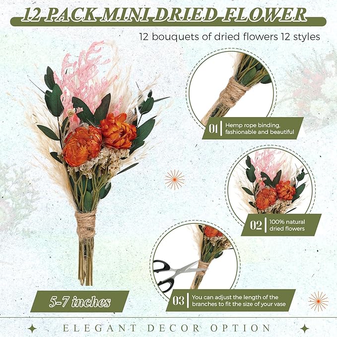 Layhit 12 Pack Boho Dried Flower Bouquet Mini Wedding Handmade Dry Flowers Decor - Image 2