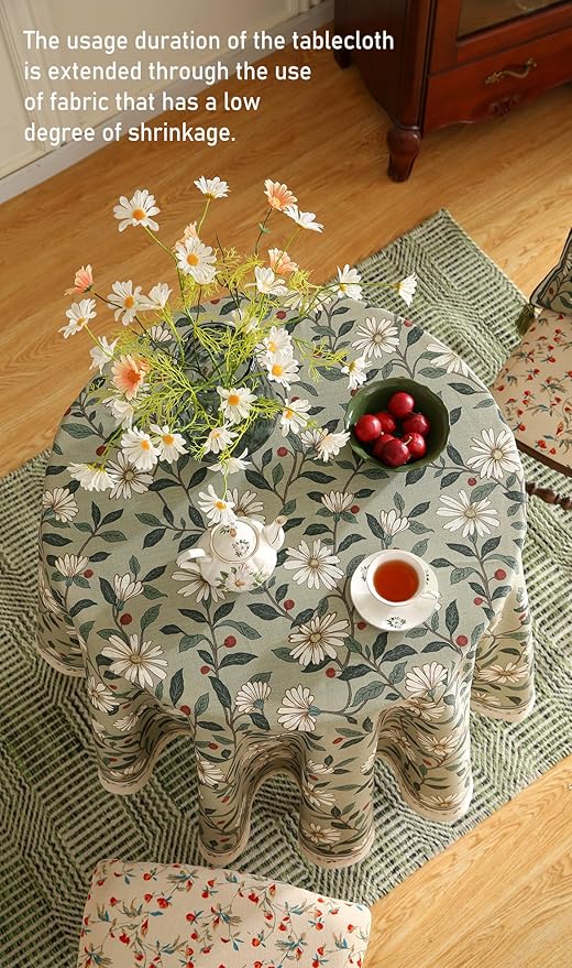 ISAENNE Designer Green Linen Round Tablecloth, Floral French Country Indoor - Image 6