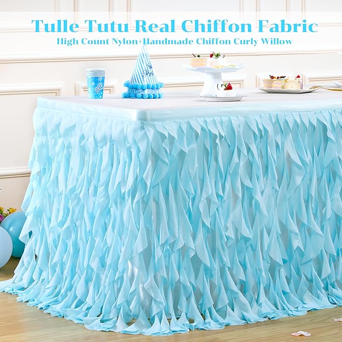 Partisky Aqua Blue Tulle Curly Willow Table Skirt - Image 4