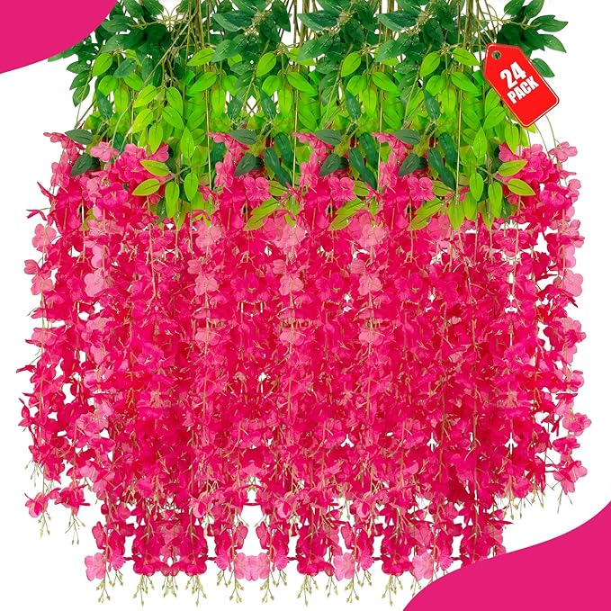 24 Pack Fuchsia Wisteria Hanging Flowers, 3.4 Ft Fake Hanging Flowers, by ZEBMOON