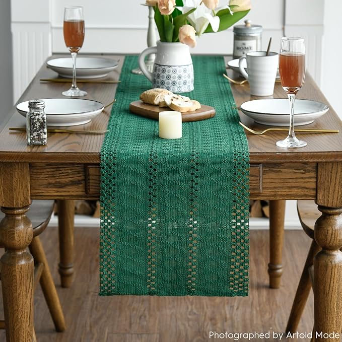 Artoid Mode Dark Green Farmhouse Woven Rustic Hollow Table Runner, Seasonal - Image 2