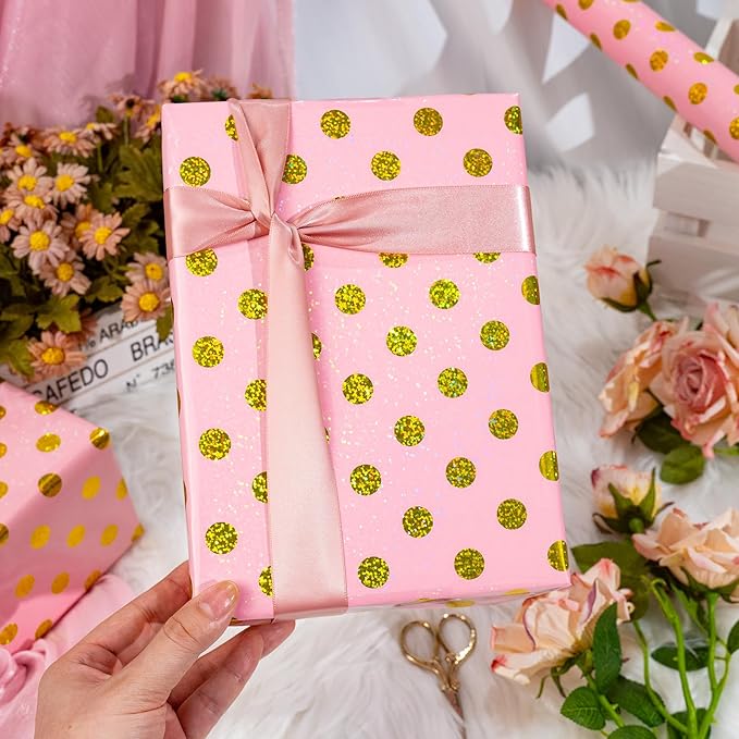 Burymento Pink Holographic Dots Wrapping Paper, Reversible Gold Gift Wrap - Image 6