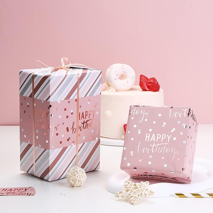 LeZakaa Reversible Pink Birthday Wrapping Paper Roll - Image 5