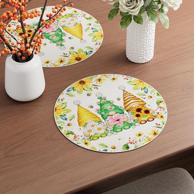 XCHI Daisies Flowers Gnomes Spring Round Placemats Set of 4 Table Mats Summer - Image 2