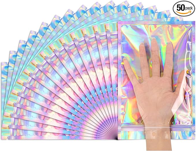 Funfery 50 Pcs Smell Proof Holographic Resealable Bags, 6.3x9.4in Clear Window by FUNFERY