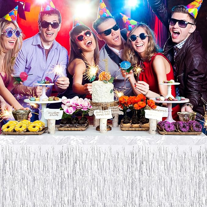 4 Pack 29.5x108 Inch Metallic Foil Fringe Tinsel Table Skirts, Streamer Garland - Image 7
