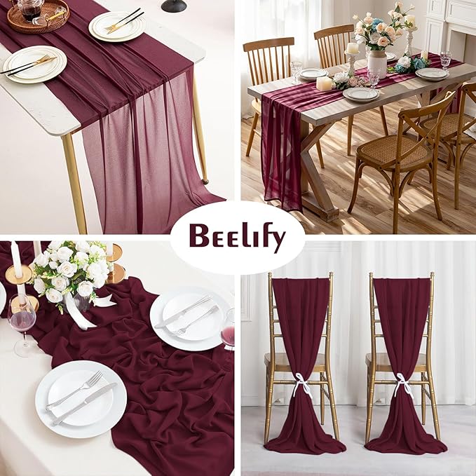 2 Pack 10 Ft Chiffon Table Runner Burgundy Gauze Long Table Runners 27x120 - Image 3