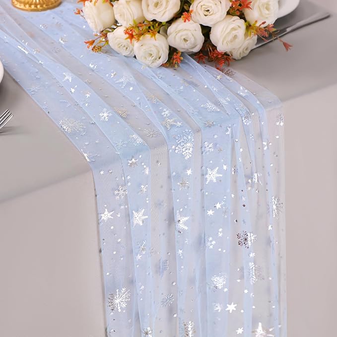 Snowkingdom Silver Snowflake Christmas Table Runner, 10ft Blue Cheesecloth by Snowkingdom