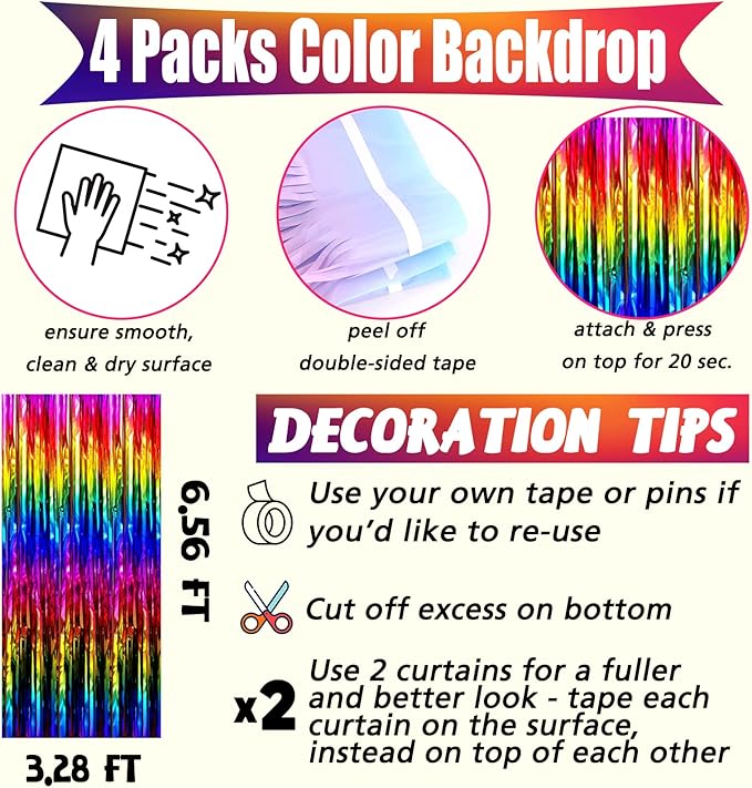 4 Pack Rainbow Fringe Curtain Backdrop, 3.2Ft x 6.6Ft Colorful Metallic Tinsel - Image 2
