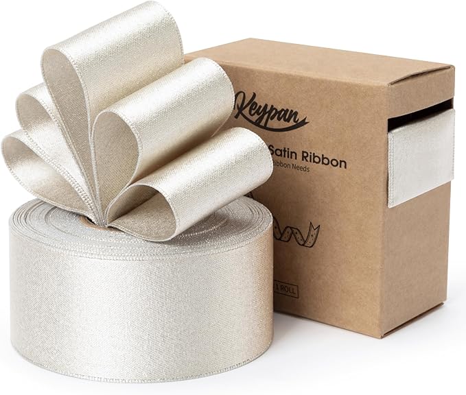 Champagne Satin Wired Ribbon 1-1/2 Inch Double-Faced Sliver Glitter Ribbons by Keypan