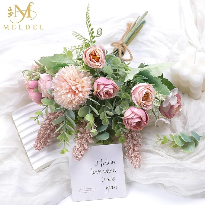 Meldel 3Pcs Rose Bouquet Pink Artificial Flowers Eucalyptus Plants Fake Silk - Image 3