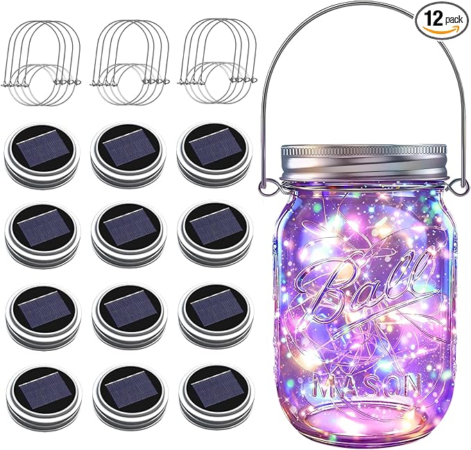 Solar Mason Jar Lights, 12 Pack 30 LED Firefly Fairy String Lights, Waterproof by ZNYCYE