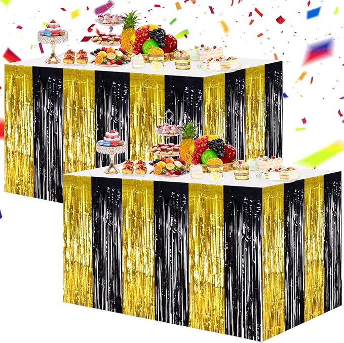 BEISHIDA 2 Pack Black Gold Table Skirts Party Decorations Metallic Tinsel Foil by Beishida