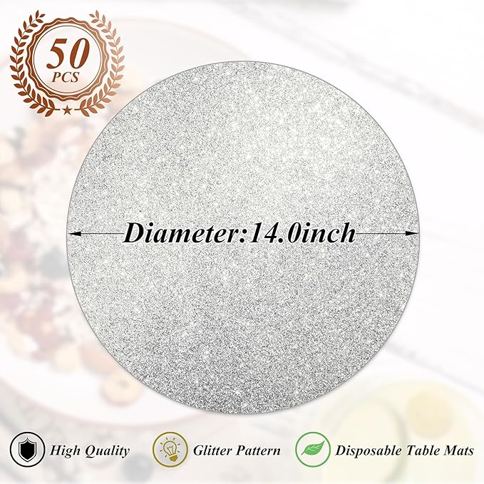 50 Pieces Silver Glitter Paper Place Mats Sparkle 14'' Round Disposable Table - Image 2