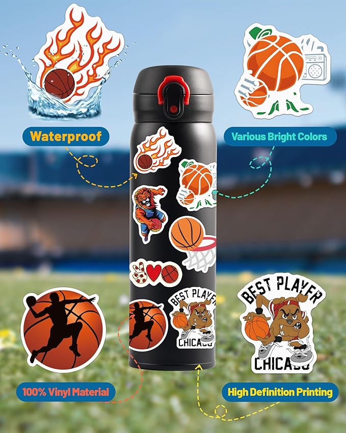 100 Pcs Sport Stickers for Kids, Basketball Water Bottle Stickers, Vinyl - Image 3