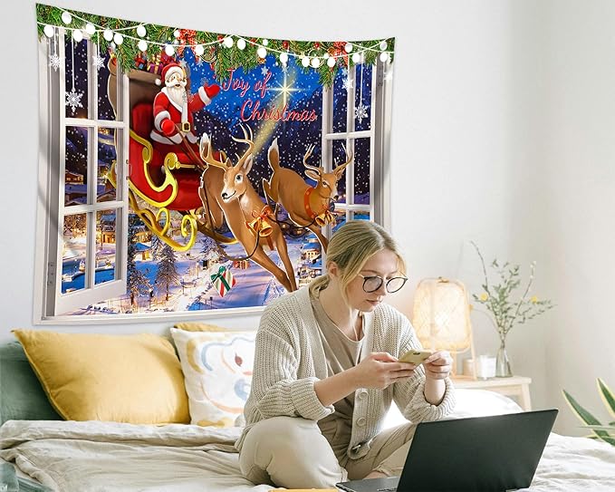 QGHOT Christmas Window Tapestry Wall Hanging Christmas Backdrop Xmas Winter - Image 3