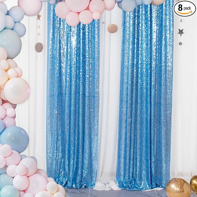 ShinyBeauty Baby Blue Backdrop Curtains 2FTx8FT 8 Pieces Sequin Photo Backdrops by ShinyBeauty