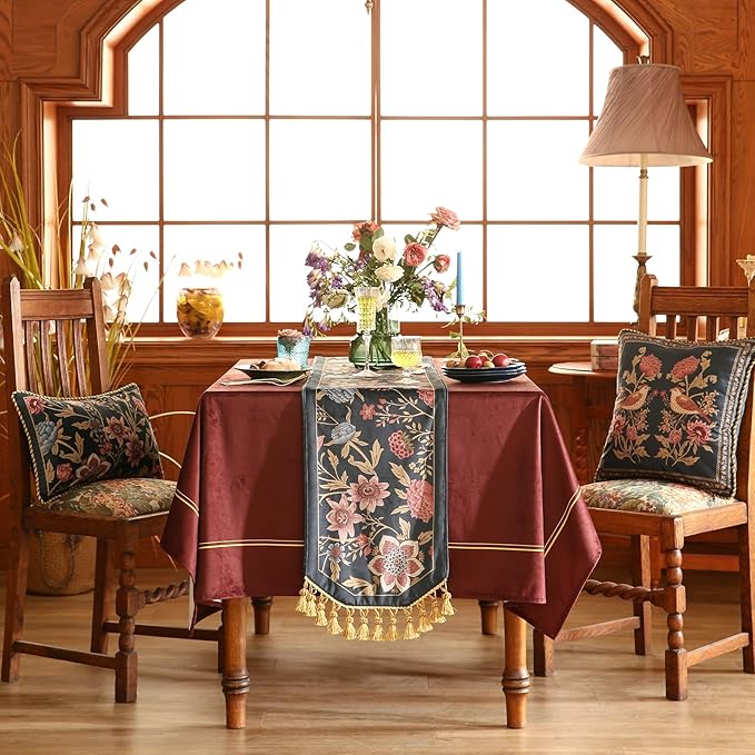 patdrea Designer Vintage Black Floral Velvet Table Runner 87 Inch Long - Image 2