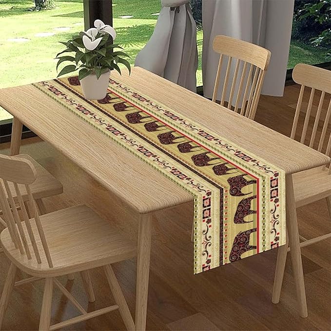 Boho Elephant Table Runner, Vintage Tribal Traditional Bohemian African Animals - Image 3