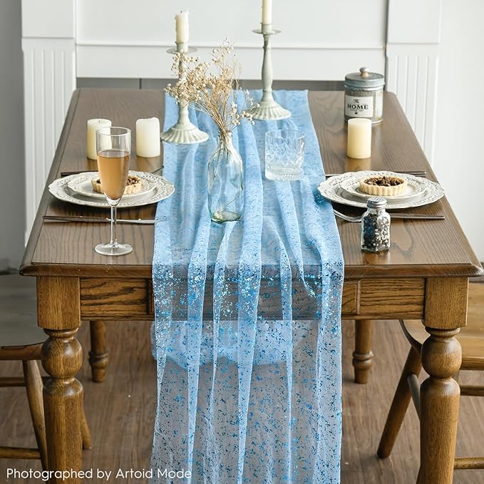Artoid Mode 3PCS Light Blue Gauze Table Runner 120 Inch 10FT, Glitter Metallic - Image 2