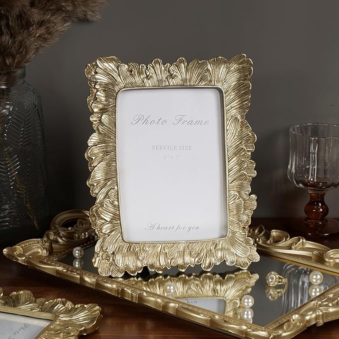 Cuspin Gold 5x7 Picture Frame, Vintage Gold Palm Leaves Textured Hand-Crafted - Image 2