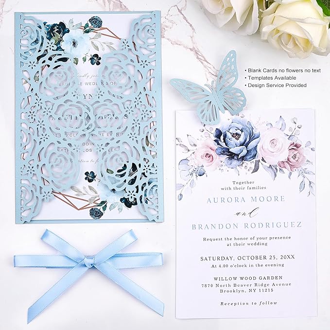 50 Set Light Blue Wedding Invitations Butterfly Laser Cut Invitations Pocket - Image 3