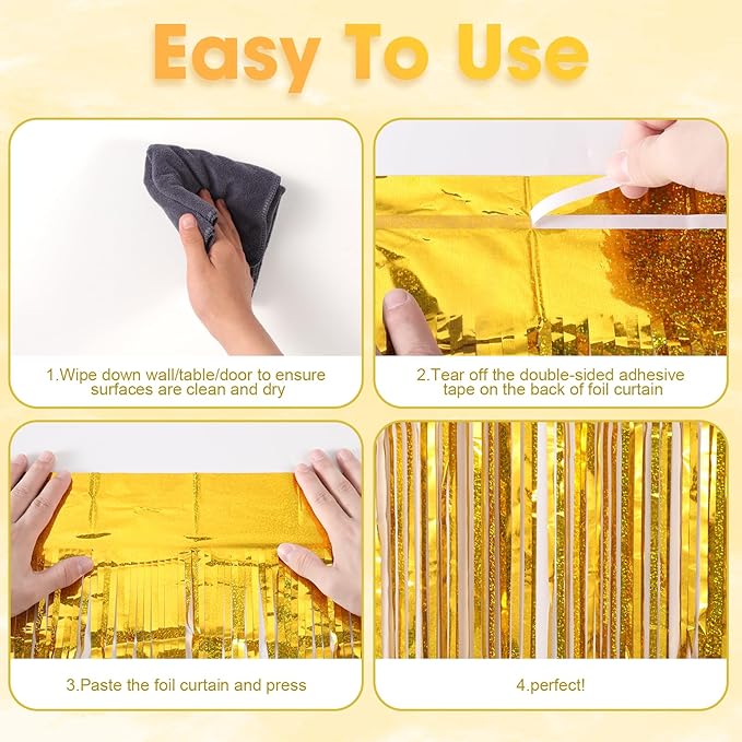 2 Pack Laser Gold Foil Fringe Backdrop Curtains, Tinsel Streamers Birthday - Image 4
