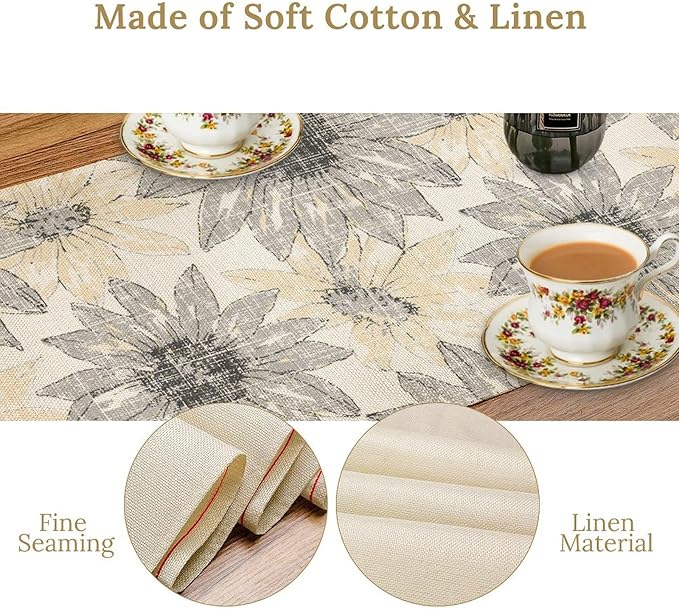 Chrysanthemum Vintage Floral Table Runner, Elegant Grunge Green Sunflower - Image 7