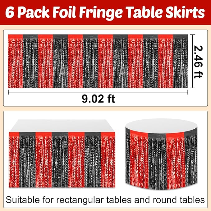 6 Pack 29x108 Inch Black Red Wave Foil Fringe Table Skirts Metallic Banner - Image 2