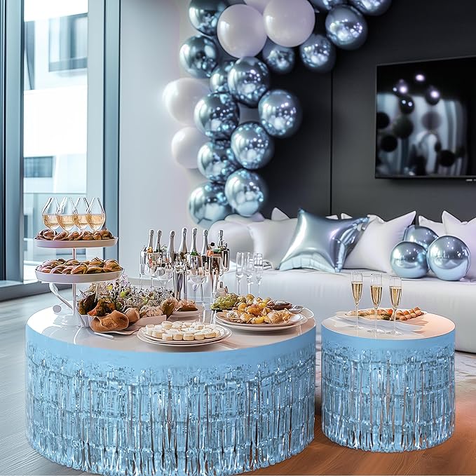 1 Pack Light Blue Table Skirts, 29x108" Metallic Foil Tinsel Fringe Table Skirts - Image 9