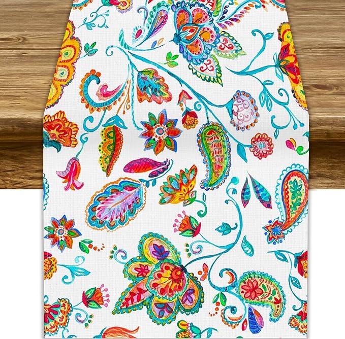 Paisley Table Runner, Watercolor Floral Oriental Indian Traditional Tulips by JanJCurt