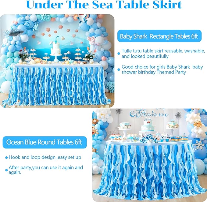 PARTISKY Ocean Blue Tulle Tutu Ruffle Curly Willow Table Skirt - Image 9