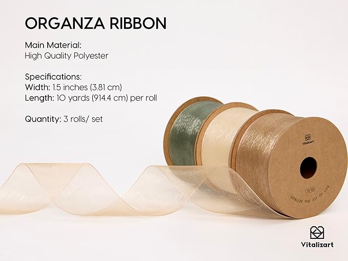 Vitalizart Organza Ribbon 1.5" x 30 Yd Cream White Rose Gold & Dusty Green - Image 2
