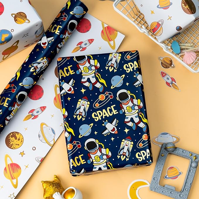 Yarcony Space Wrapping Paper Roll, Birthday Wrapping Paper - Image 4