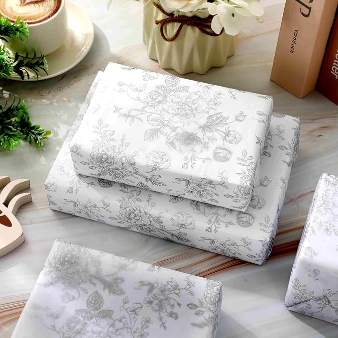 JarThenaAMCS 100 Sheets Floral Tissue Paper Silver Flower Gift Wrapping Paper - Image 4