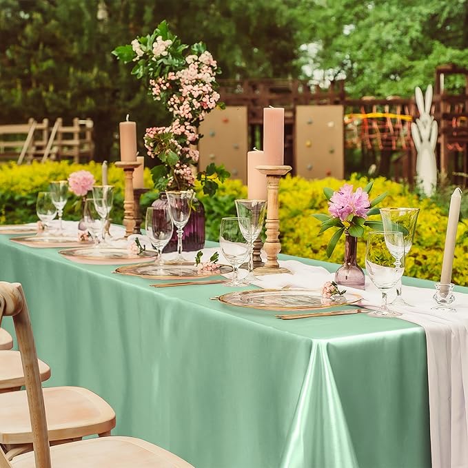 TURSTIN 1 Pack Sage Green Satin Tablecloth 102 x 58 Inch Overlay Satin Table - Image 6