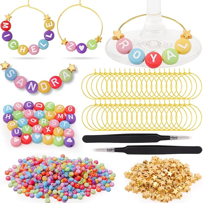 60 Sets DIY Wine Glass Charms – 780 Letter Beads 120 Gold Beads 60 Charm Rings by TMKEFFC