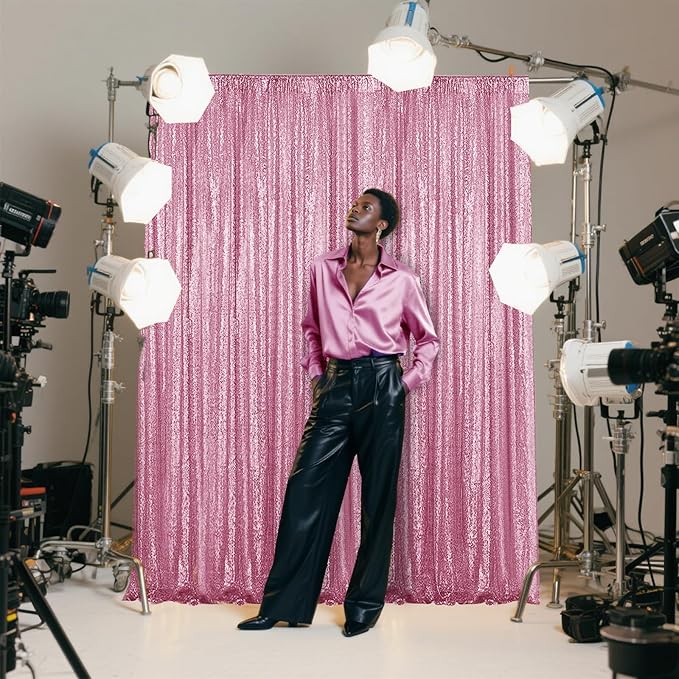 Pink Sequin Backdrop Curtain 2 Pieces 2FTx8FT Glitter Photography Backdrop - Image 3