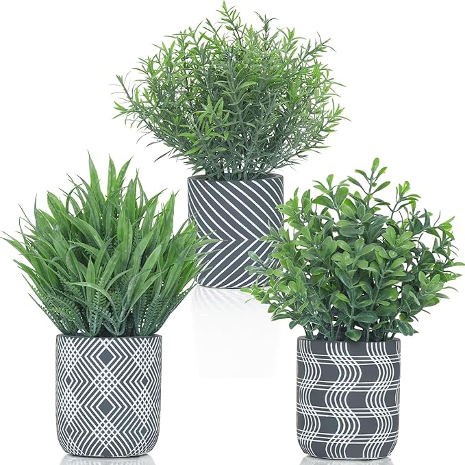 3 Pack Small Fake Plants, Fake Grass Plant, Artificial Boxwood & Rosemary by Unknown
