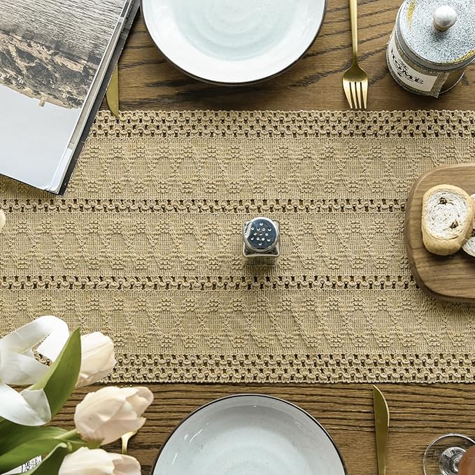 Artoid Mode Burlap Brown Farmhouse Woven Rustic Hollow Table Runner, Seasonal - Image 4