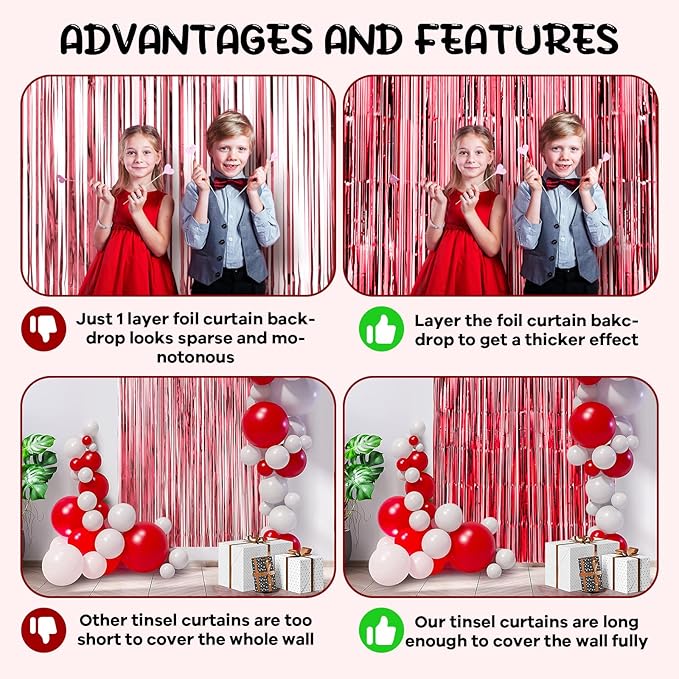 2 Pack Red Foil Fringe Backdrop Curtains, Tinsel Streamers Birthday Party - Image 5