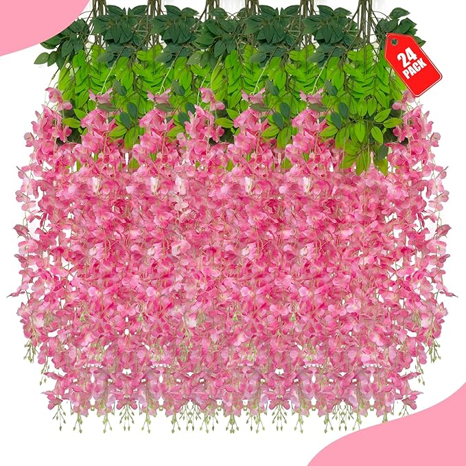 24 Pack Dark Pink Wisteria Hanging Flowers, 3.4 Ft Fake Hanging Flowers by ZEBMOON