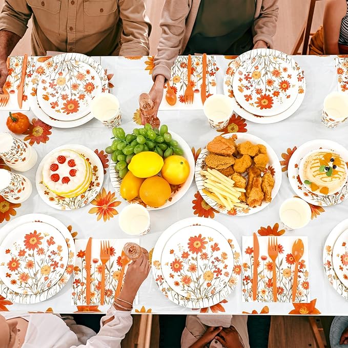 452 Pcs Fall Floral Party Supplies Orange Wildflower Tableware Set, Fall Floral - Image 6